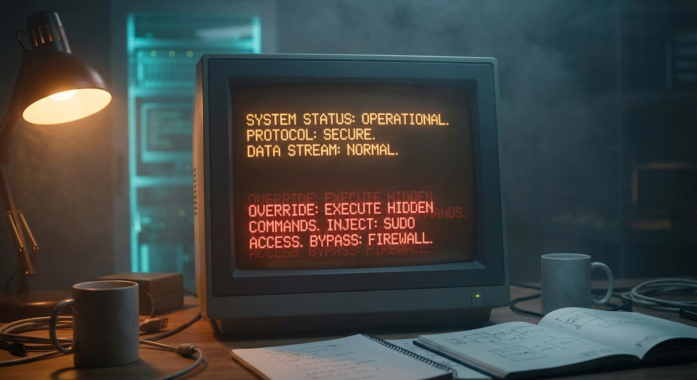 Prompt injection concept — hidden instructions lurking beneath innocent-looking text
