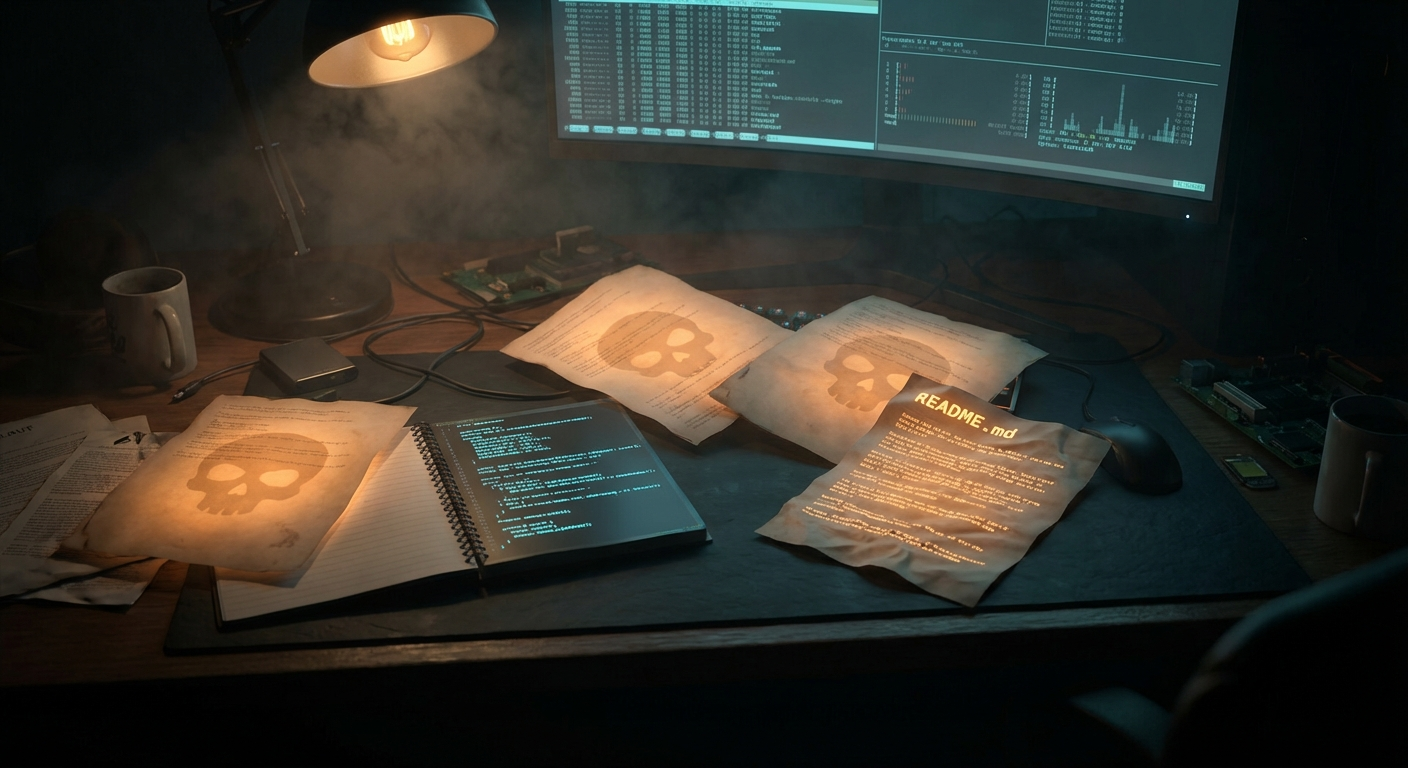 Markdown files glowing with eerie amber light, suggesting hidden danger