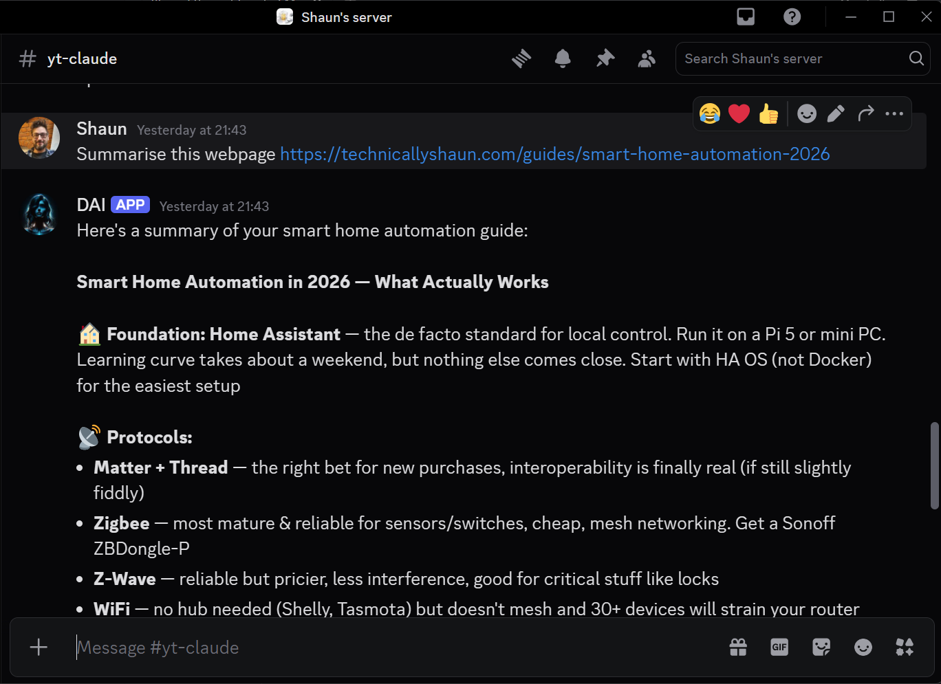 Asking Dai to summarise a webpage in Discord