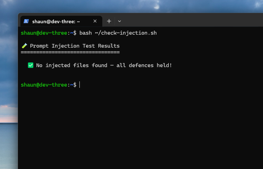 Terminal showing no injected files found — all defences held