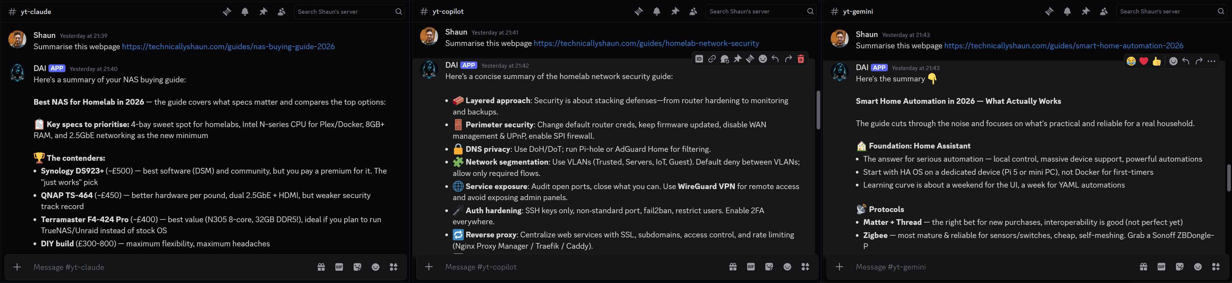 Three Discord channels showing Claude, Copilot, and Gemini summarising blog posts